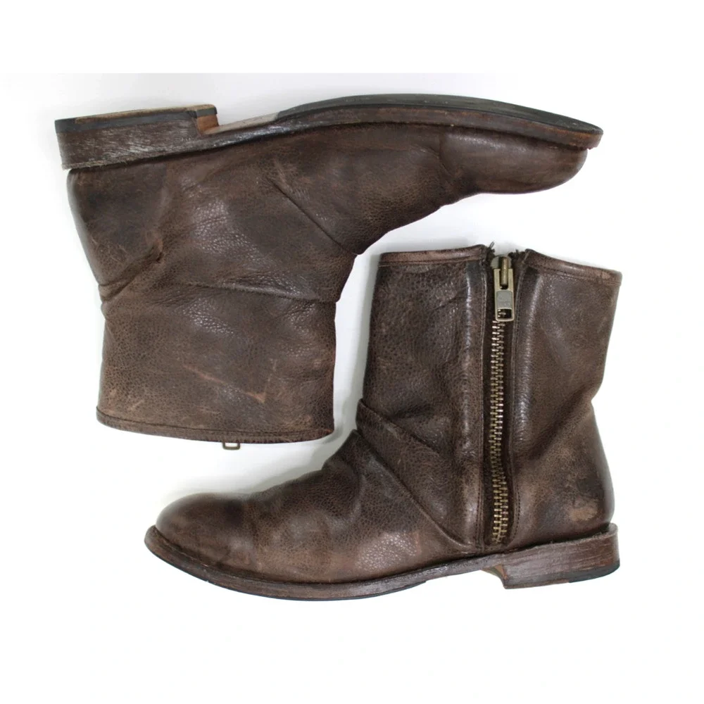 John Fluevog Size W 11/M 9 MALCOLM Brown Distressed Leather Zip Ankle Boots Moto